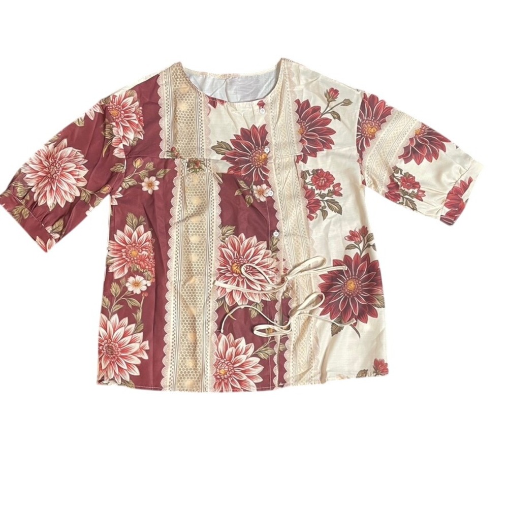 Womens Floral Patchwork Boho Blouse Burgundy Cream Lace Print Side Tie Top